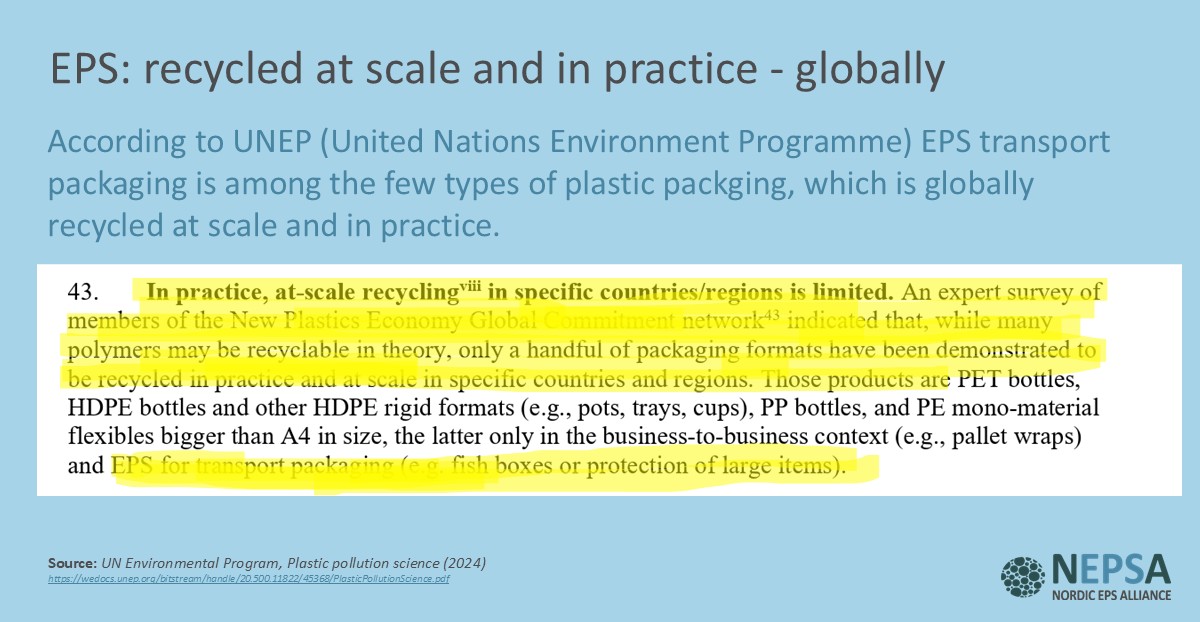 Infographic showing UNEP’s 2024 report stating that EPS (Expanded Polystyrene) transport packaging, such as fish boxes, is one of the few plastic formats recycled at scale and in practice globally.